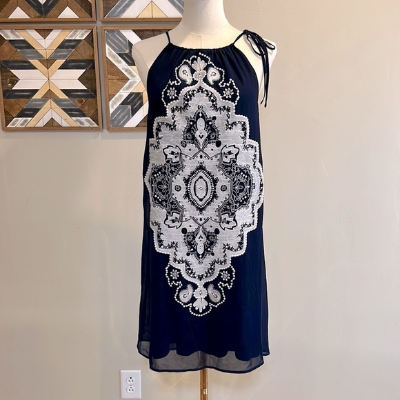 Aniina Dresses & Skirts - Aniina Anthropologie Navy Blue White Lace Halter Dress Small